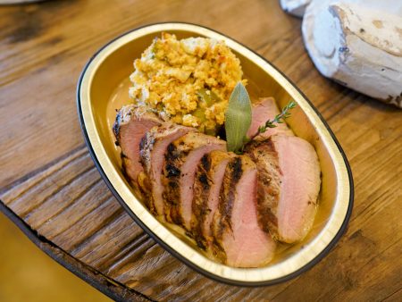 Roasted Pork Tenderloin with Cornbread Stuffing Cake on Sale