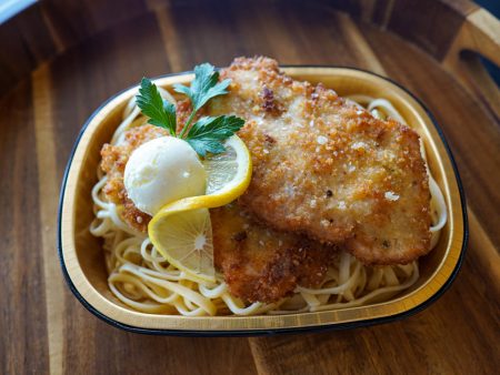 Pork Tenderloin Schnitzel w Herb Butter over Pasta For Sale