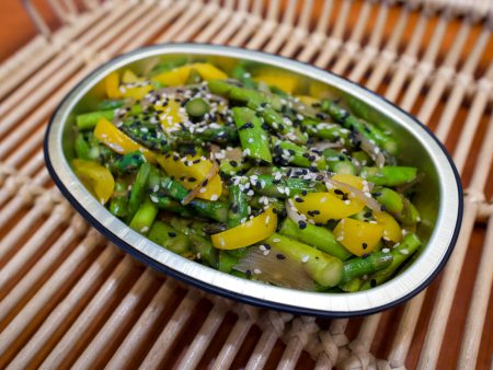 Sesame Sautéed Asparagus with Shallots and Yellow Pepper Hot on Sale