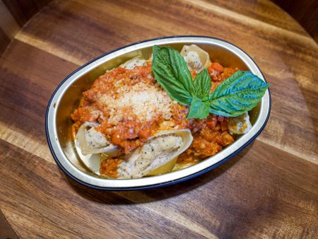 Ricotta Stuffed Shells Topped with Chicken Bolognese Online now